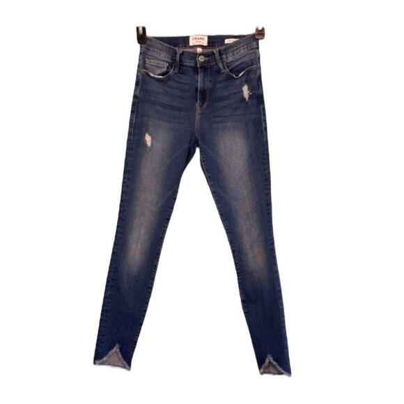 Frame Le Skinny de Jeanne Triangle Hem Jeans Blue Medium Wash Distressed Denim 2 - Picture 3 of 9